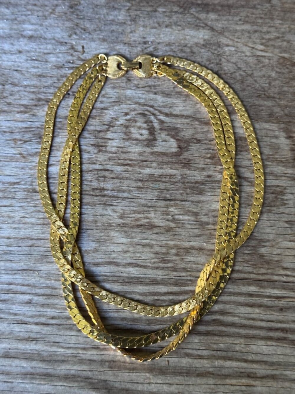 Goldette Gold Tone Triple Chain Necklace Textured Braided Vintage Clasp
